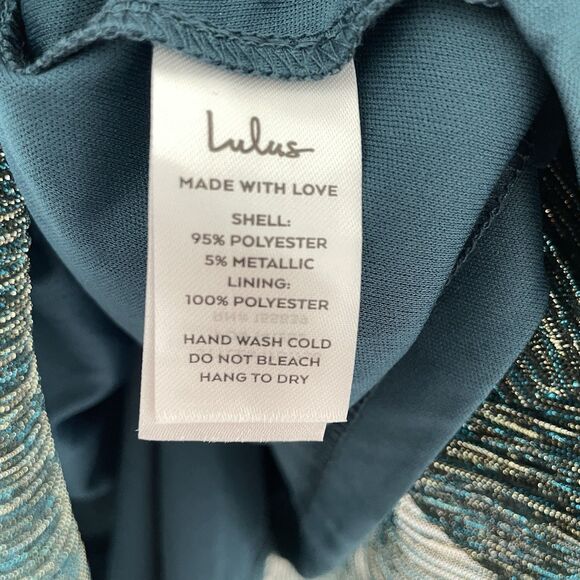 NWT LULUS Size L Ailey Teal & Gold Pleated Low Cut Mini Cocktail Dress - Picture 11 of 14